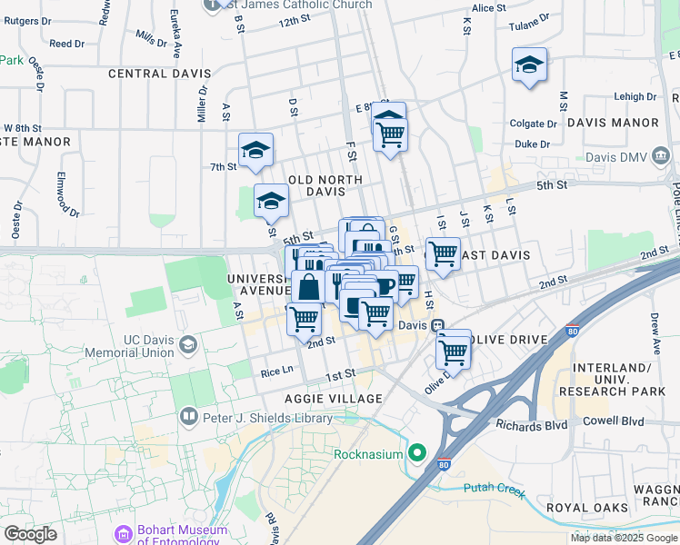 map of restaurants, bars, coffee shops, grocery stores, and more near 337 D Street in Davis