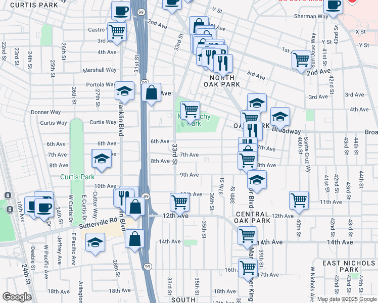 map of restaurants, bars, coffee shops, grocery stores, and more near 3409 7th Avenue in Sacramento