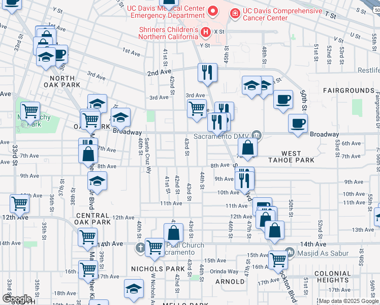 map of restaurants, bars, coffee shops, grocery stores, and more near 3201 43rd Street in Sacramento