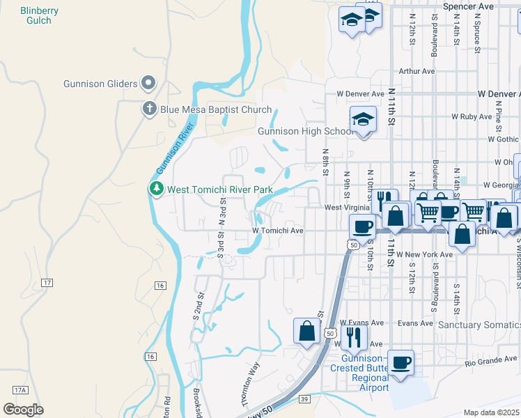 map of restaurants, bars, coffee shops, grocery stores, and more near 111 Wildriver Lane in Gunnison