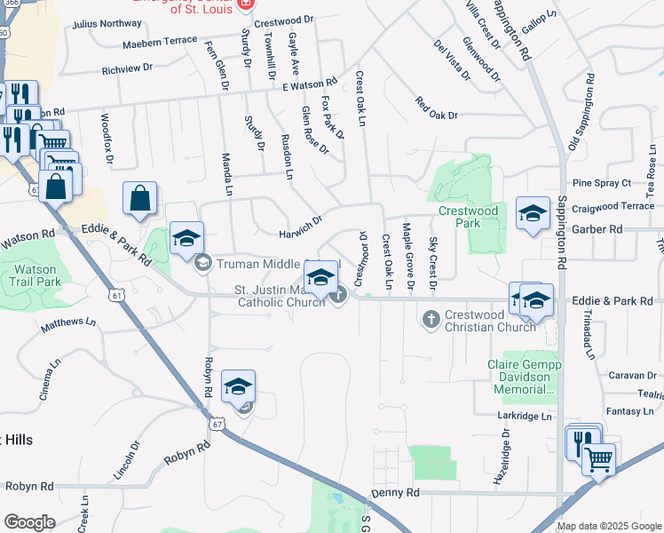 map of restaurants, bars, coffee shops, grocery stores, and more near 11929 Eddie And Park Road in St. Louis