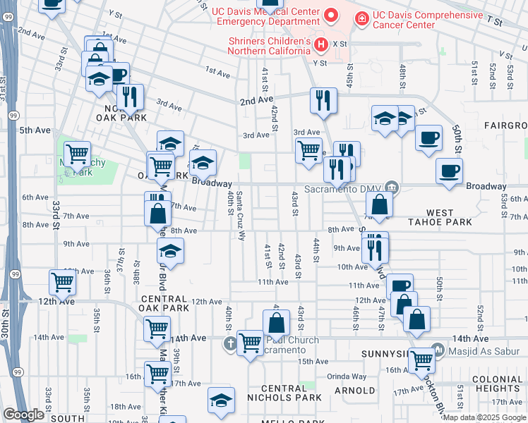 map of restaurants, bars, coffee shops, grocery stores, and more near 3200 42nd Street in Sacramento