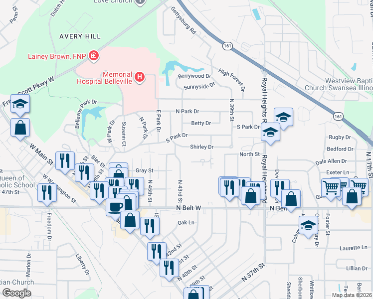 map of restaurants, bars, coffee shops, grocery stores, and more near 4118 Shirley Drive in Belleville