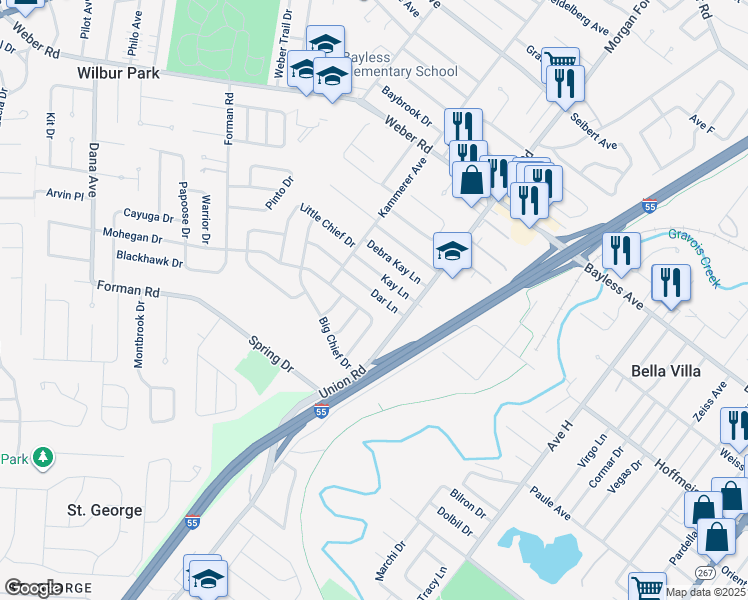 map of restaurants, bars, coffee shops, grocery stores, and more near 4330 Dar Lane in Saint Louis