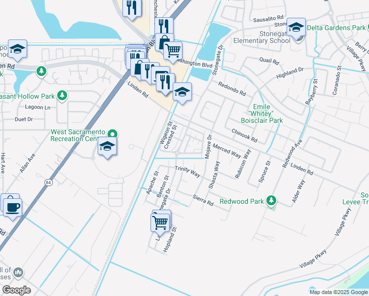 map of restaurants, bars, coffee shops, grocery stores, and more near 2835 Stonegate Drive in West Sacramento