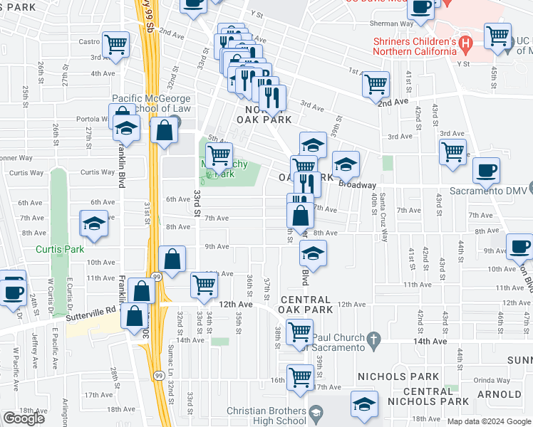 map of restaurants, bars, coffee shops, grocery stores, and more near 3139 37th Street in Sacramento