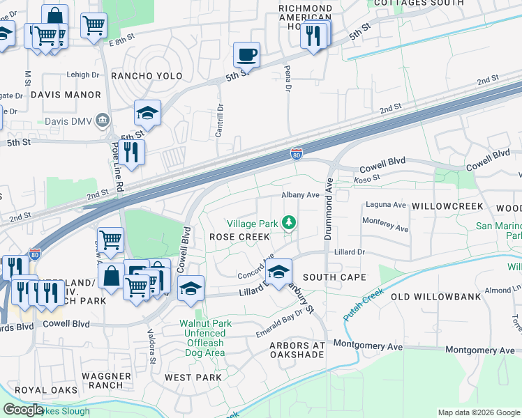 map of restaurants, bars, coffee shops, grocery stores, and more near 720 Donovan Court in Davis
