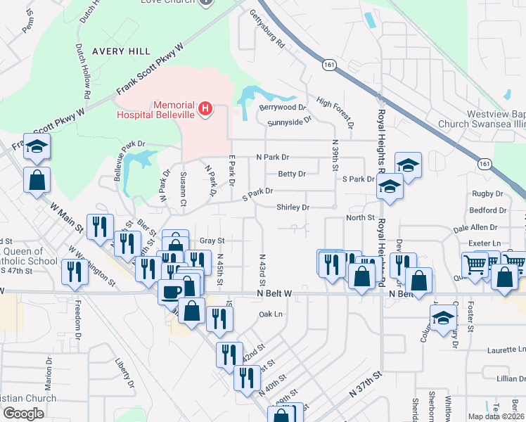 map of restaurants, bars, coffee shops, grocery stores, and more near 4118 Shirley Drive in Belleville