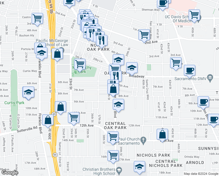 map of restaurants, bars, coffee shops, grocery stores, and more near 3801 7th Avenue in Sacramento
