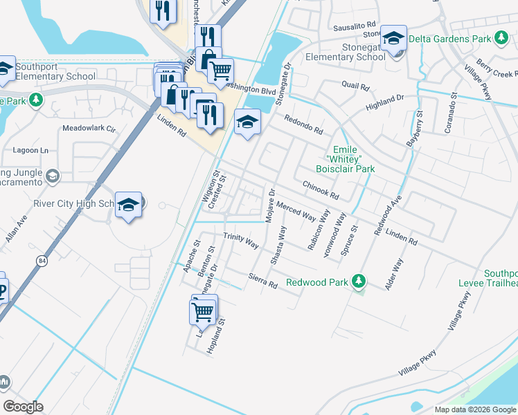 map of restaurants, bars, coffee shops, grocery stores, and more near 2922 Condor Street in West Sacramento