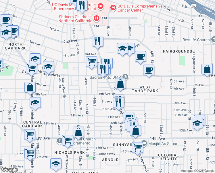 map of restaurants, bars, coffee shops, grocery stores, and more near 3116 Stockton Boulevard in Sacramento