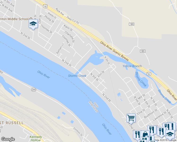 map of restaurants, bars, coffee shops, grocery stores, and more near 2203 North 3rd Street in Ironton