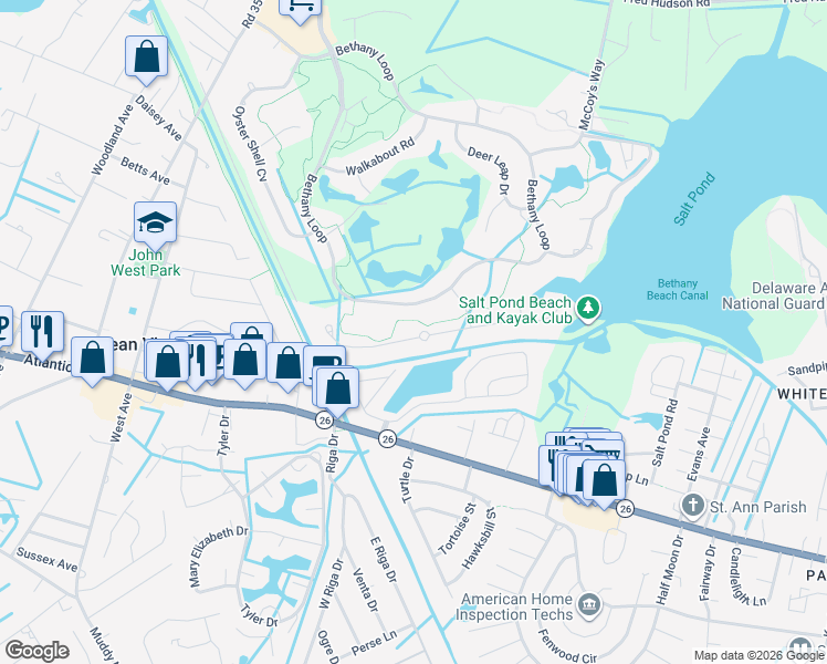 map of restaurants, bars, coffee shops, grocery stores, and more near 415 Canal Way West in Bethany Beach
