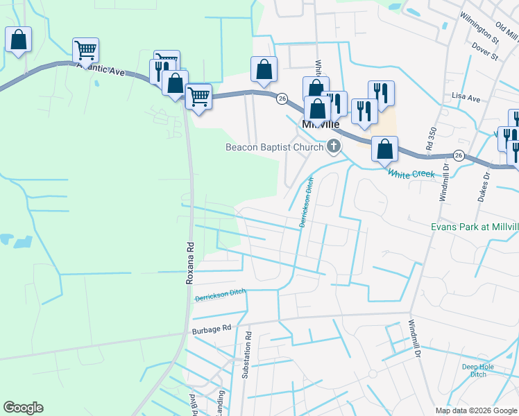 map of restaurants, bars, coffee shops, grocery stores, and more near 38021 Cross Gate Road in Ocean View