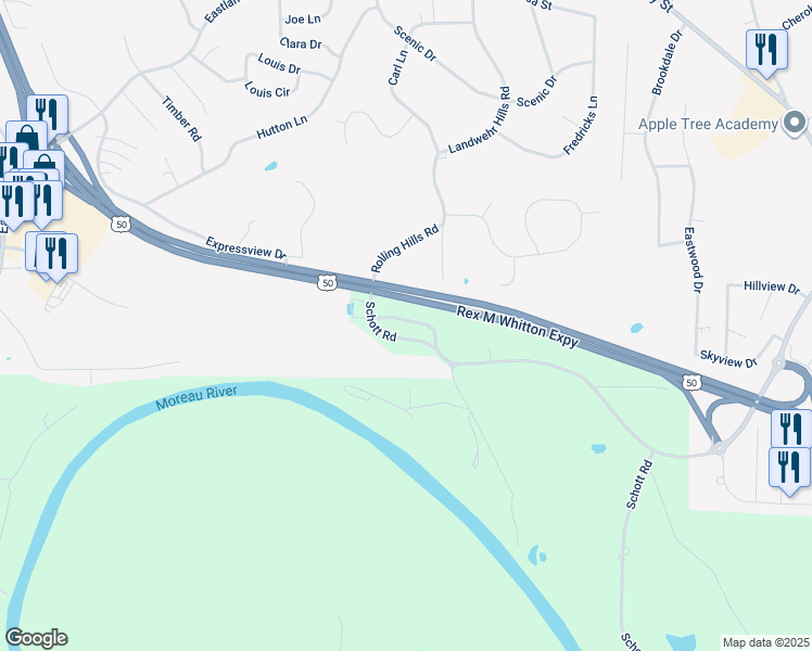 map of restaurants, bars, coffee shops, grocery stores, and more near 2307 Schott Road in Jefferson City