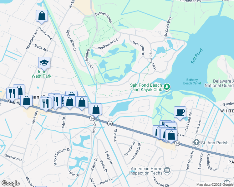 map of restaurants, bars, coffee shops, grocery stores, and more near 415 Canal Way West in Bethany Beach