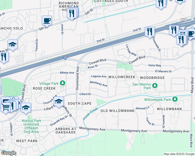 map of restaurants, bars, coffee shops, grocery stores, and more near 3340 Laguna Ave in Davis