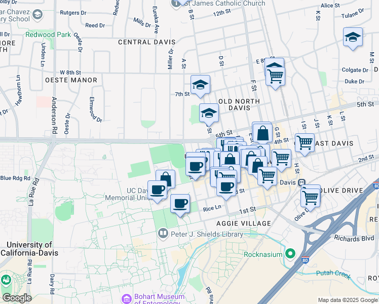 map of restaurants, bars, coffee shops, grocery stores, and more near 420 A Street in Davis