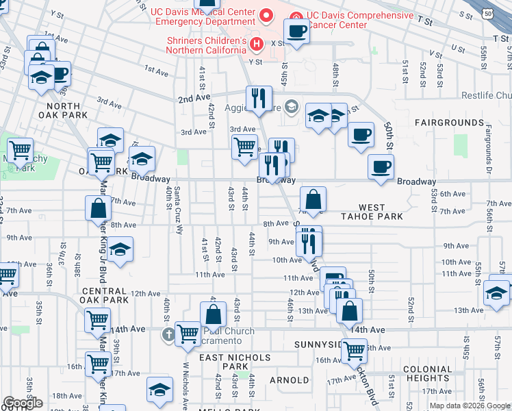 map of restaurants, bars, coffee shops, grocery stores, and more near 3131 San Diego Way in Sacramento