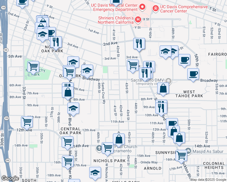 map of restaurants, bars, coffee shops, grocery stores, and more near 3200 42nd Street in Sacramento
