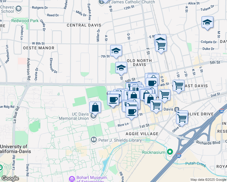 map of restaurants, bars, coffee shops, grocery stores, and more near in Davis