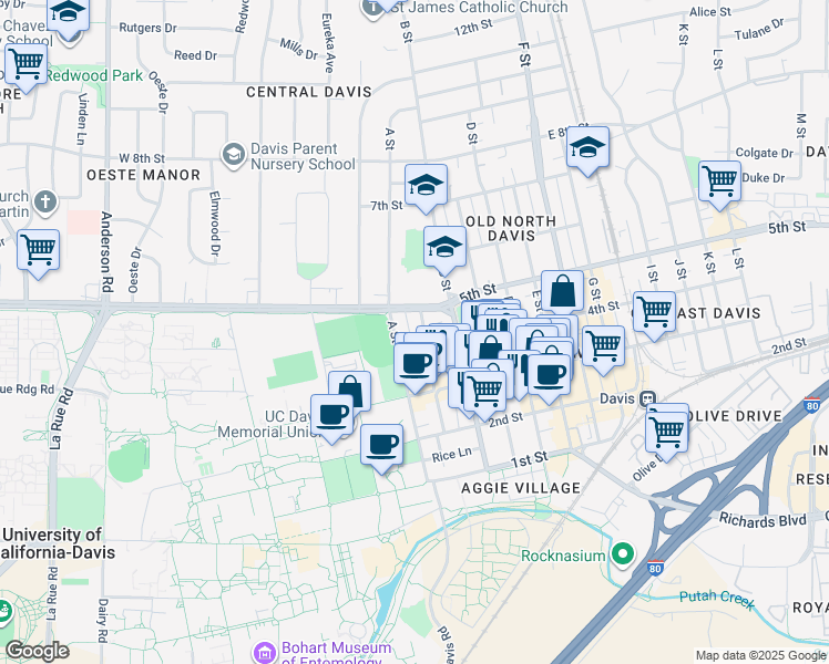 map of restaurants, bars, coffee shops, grocery stores, and more near 420 A Street in Davis