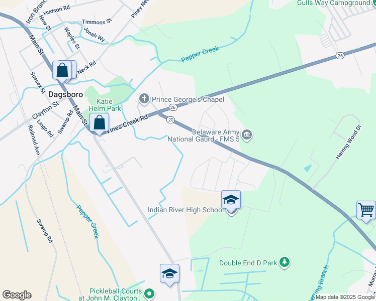 map of restaurants, bars, coffee shops, grocery stores, and more near 126 Prince Georges Drive in Dagsboro
