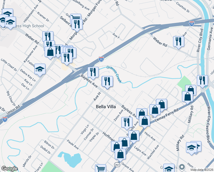 map of restaurants, bars, coffee shops, grocery stores, and more near 628 Boenecke Court in St. Louis