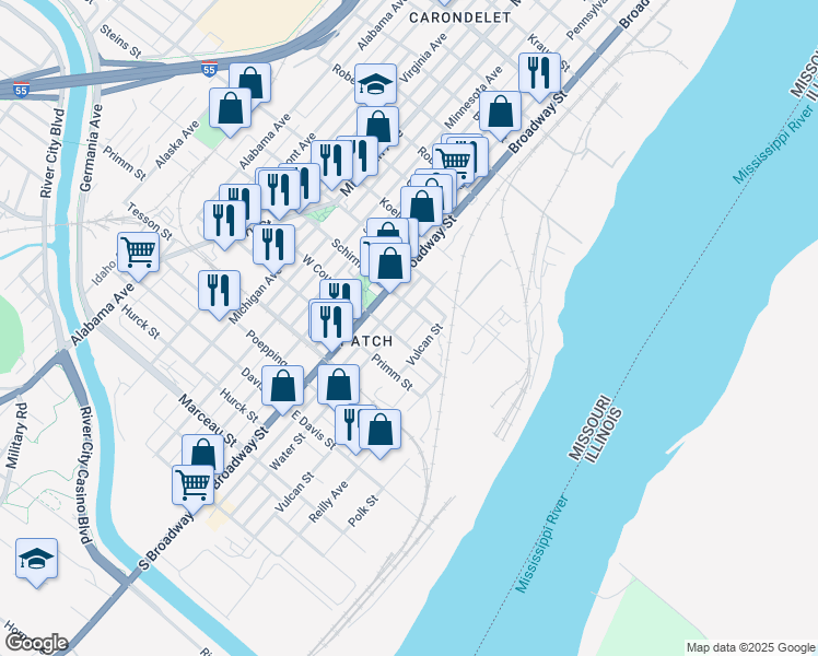map of restaurants, bars, coffee shops, grocery stores, and more near 7714 Water Street in St. Louis