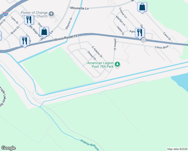 map of restaurants, bars, coffee shops, grocery stores, and more near 67 West Adams Drive in Cahokia