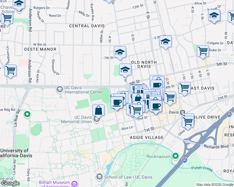 map of restaurants, bars, coffee shops, grocery stores, and more near in Davis