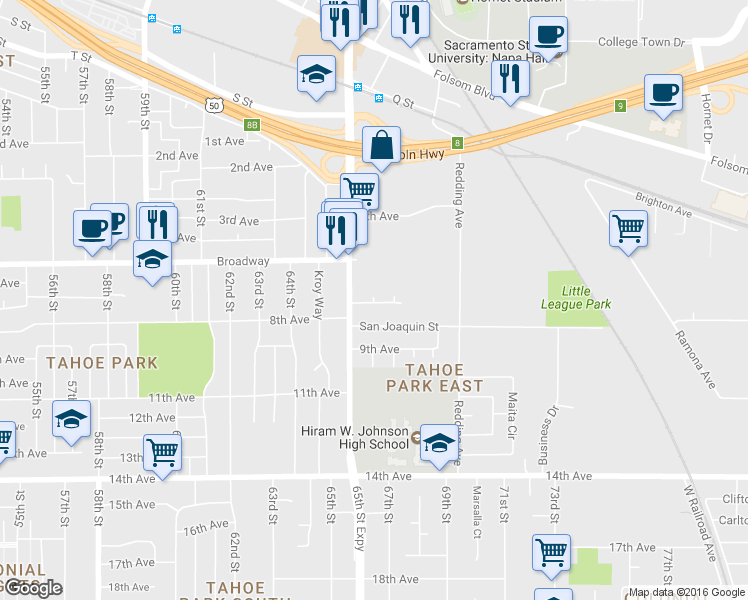 map of restaurants, bars, coffee shops, grocery stores, and more near 3203 Sher Court in Sacramento