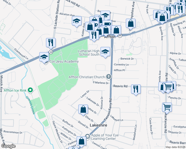 map of restaurants, bars, coffee shops, grocery stores, and more near 10053 North Marlene Drive in Affton
