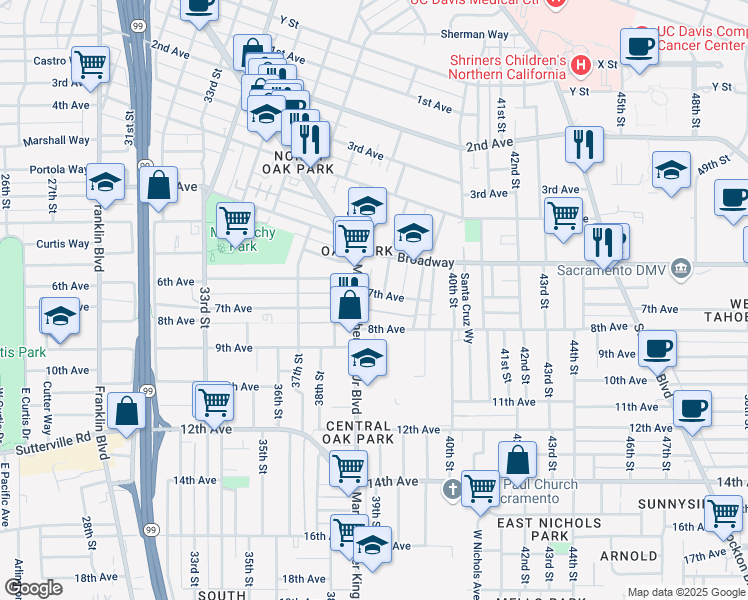map of restaurants, bars, coffee shops, grocery stores, and more near 3876 7th Avenue in Sacramento