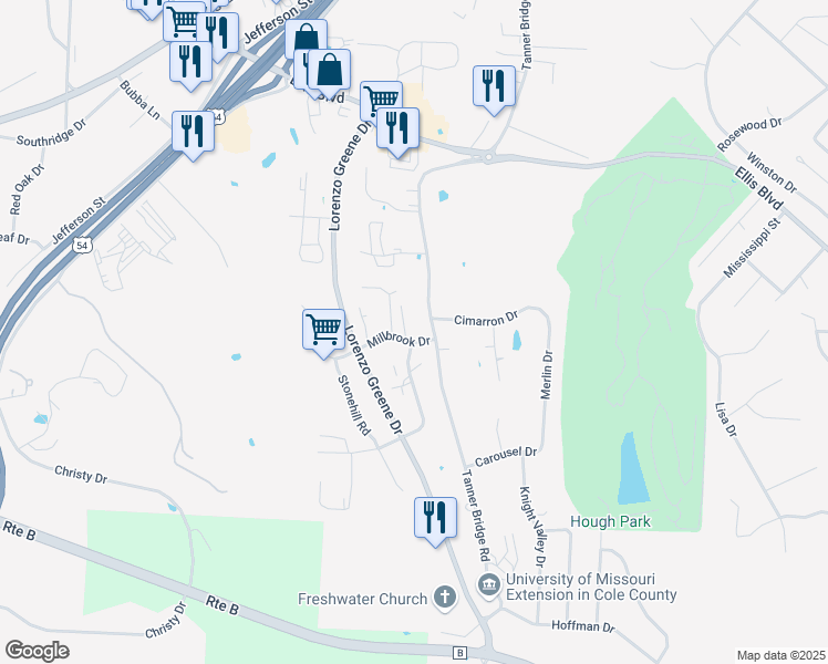 map of restaurants, bars, coffee shops, grocery stores, and more near 2119 Millbrook Court in Jefferson City