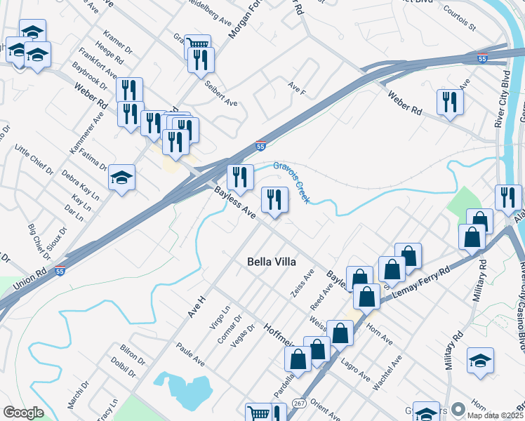 map of restaurants, bars, coffee shops, grocery stores, and more near 628 Boenecke Court in St. Louis