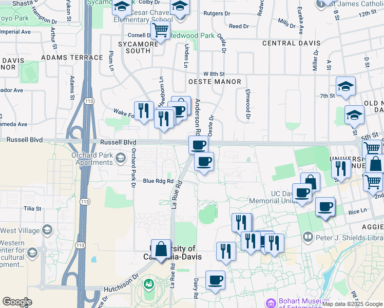 map of restaurants, bars, coffee shops, grocery stores, and more near 483 La Rue Road in Davis