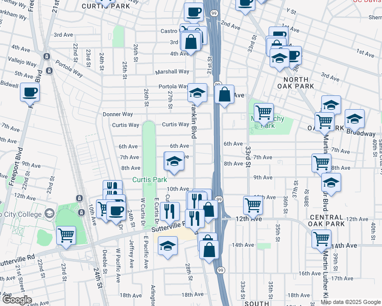 map of restaurants, bars, coffee shops, grocery stores, and more near 2775 7th Avenue in Sacramento