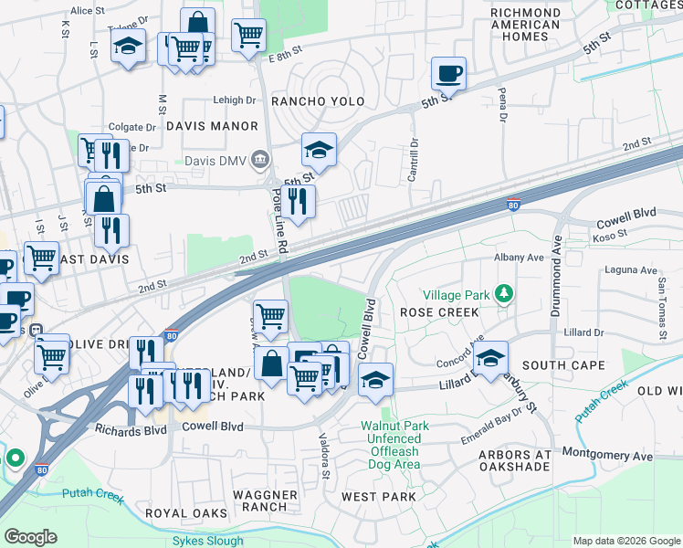 map of restaurants, bars, coffee shops, grocery stores, and more near 2555 Research Park Drive in Davis