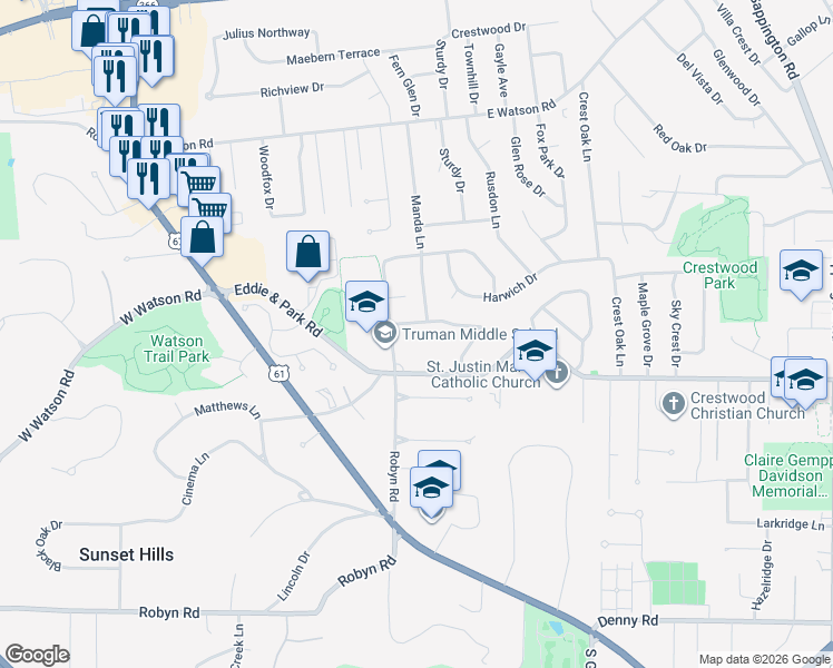 map of restaurants, bars, coffee shops, grocery stores, and more near 12142 Lowill Lane in St. Louis