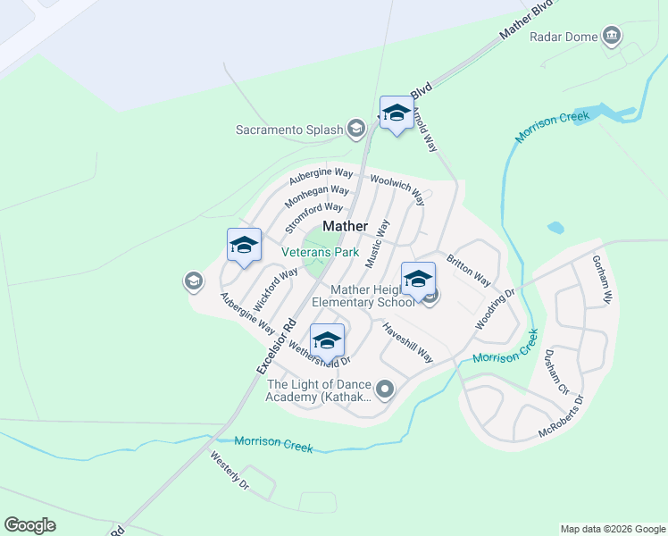 map of restaurants, bars, coffee shops, grocery stores, and more near 4538 Excelsior Road in Sacramento County