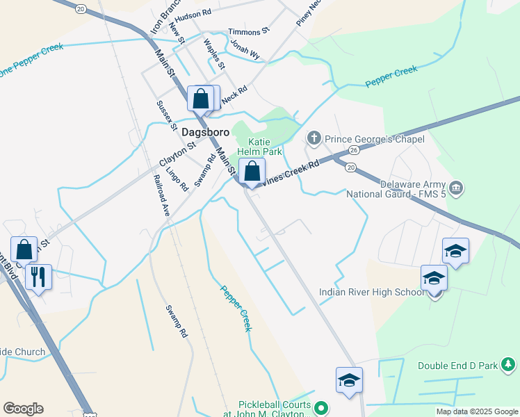 map of restaurants, bars, coffee shops, grocery stores, and more near 33026 Main Street in Dagsboro