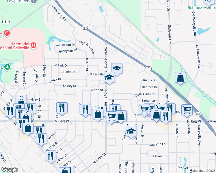 map of restaurants, bars, coffee shops, grocery stores, and more near 820 Royal Heights Road in Belleville