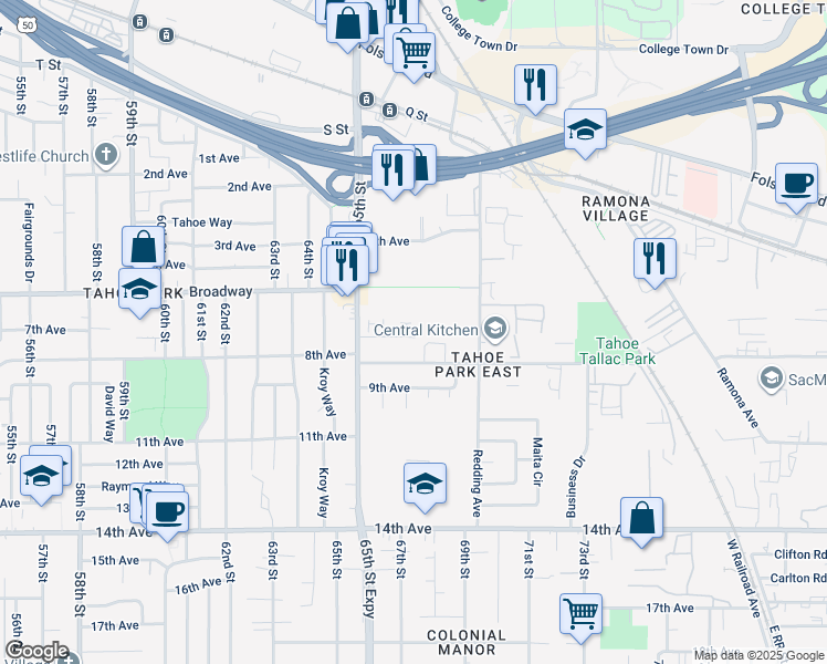 map of restaurants, bars, coffee shops, grocery stores, and more near 3201 Luscutoff Court in Sacramento