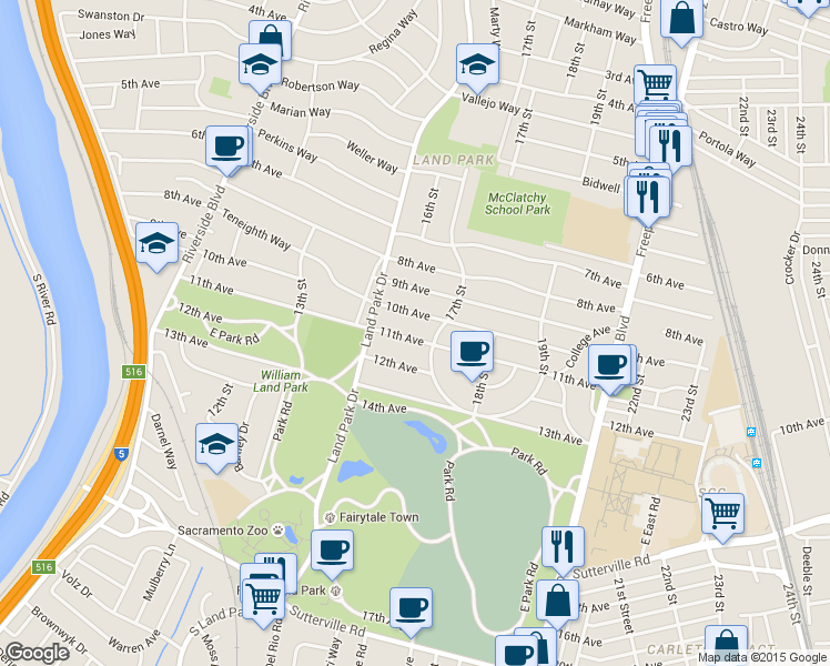 map of restaurants, bars, coffee shops, grocery stores, and more near 1609 11th Avenue in Sacramento