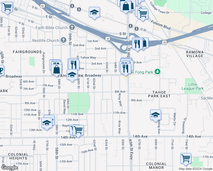 map of restaurants, bars, coffee shops, grocery stores, and more near 3156 64th Street in Sacramento