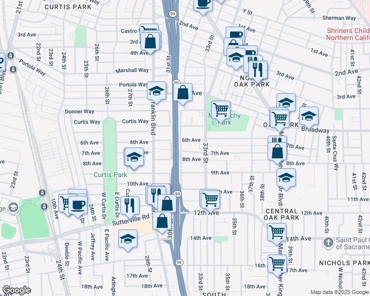 map of restaurants, bars, coffee shops, grocery stores, and more near 3135 32nd Street in Sacramento