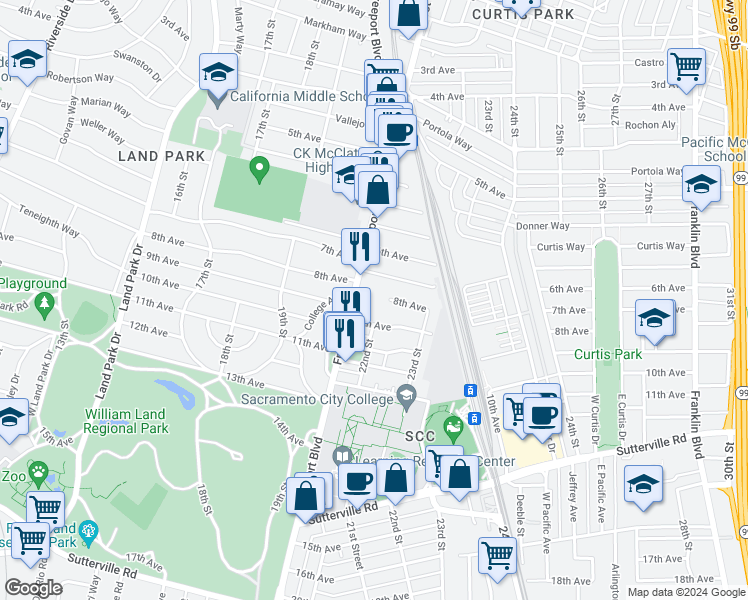 map of restaurants, bars, coffee shops, grocery stores, and more near 3225 Freeport Boulevard in Sacramento