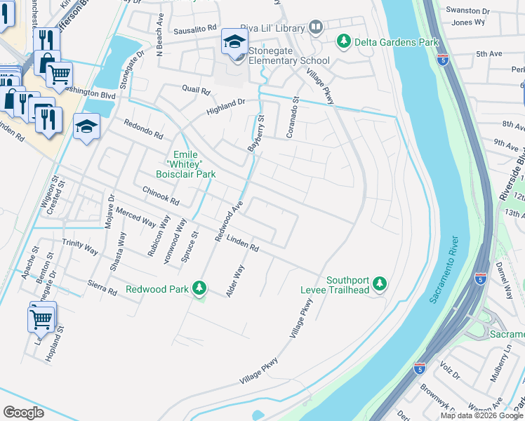 map of restaurants, bars, coffee shops, grocery stores, and more near 1515 Peppertree Court in West Sacramento