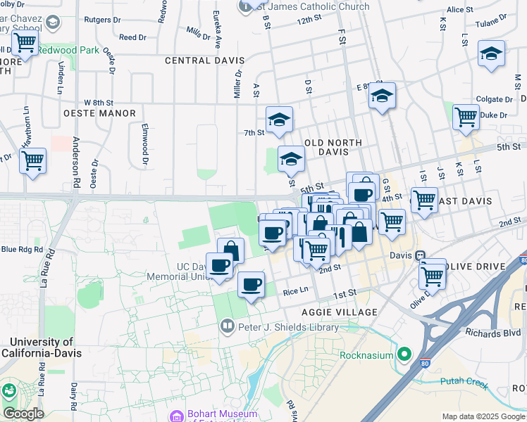 map of restaurants, bars, coffee shops, grocery stores, and more near 420 A Street in Davis